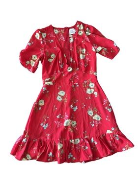 Women’s Red Floral V-Neck Ruffle Hem Dress